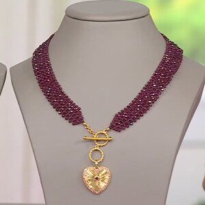 Rarities Carol Brodie Heart Pendant with Woven Rhodolite Bead Toggle Necklace